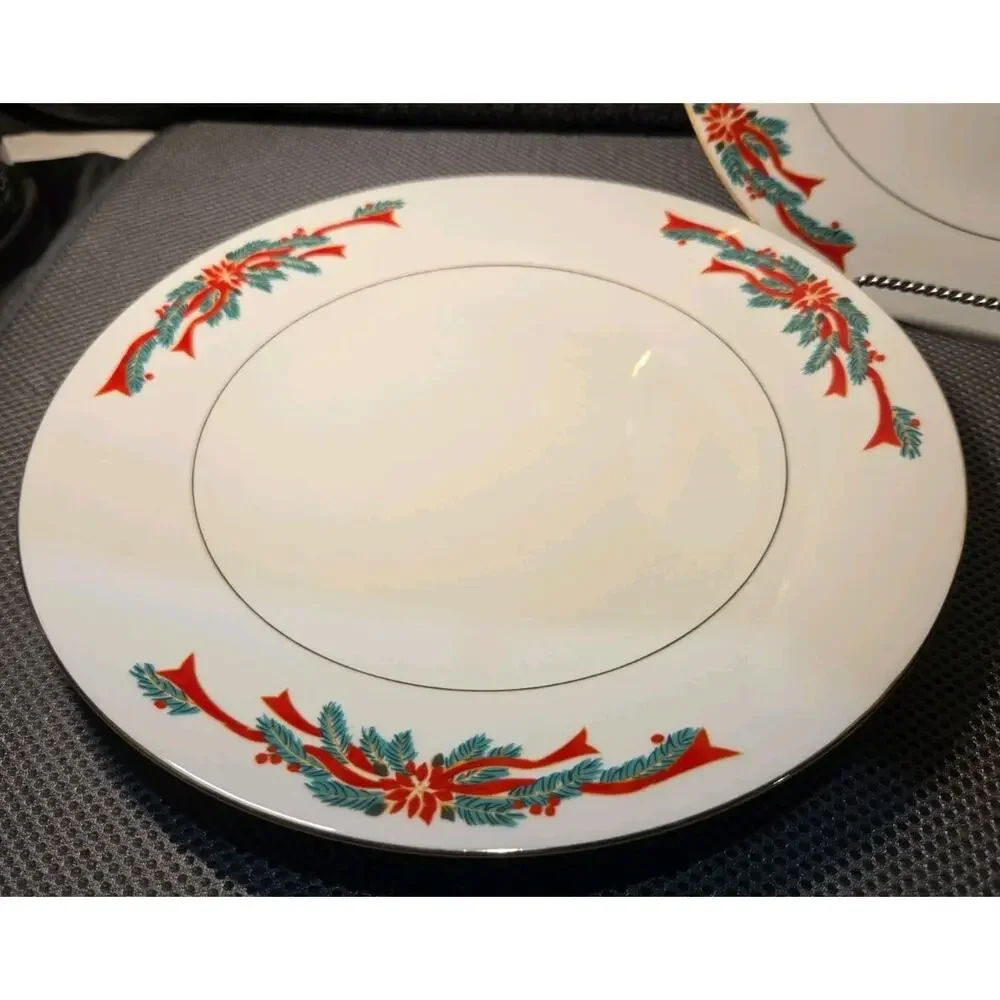 Set Of 2 Poinsettia & Ribbons China 10.5 In Dinner Plates